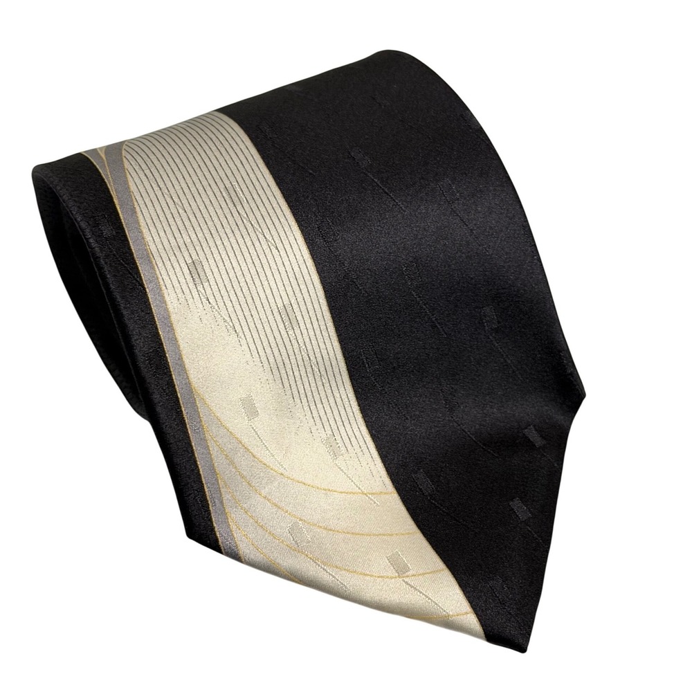 VTG Pierre Cardin Necktie Black Silver Abstract Silk Designer Formal Mens